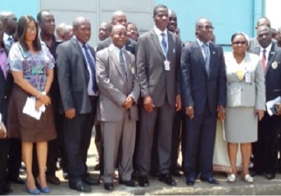 Mazi Nnamdi Udoh,(3rd from right, front roll), immediate past MD/CEO, Ibrahim Abdulsalam, newly appointed MD/CEO, Nigerian Airspace Management Agency (NAMA) in a group photograph with senior management team of NAMA during hand-over fiesta in Lagos.